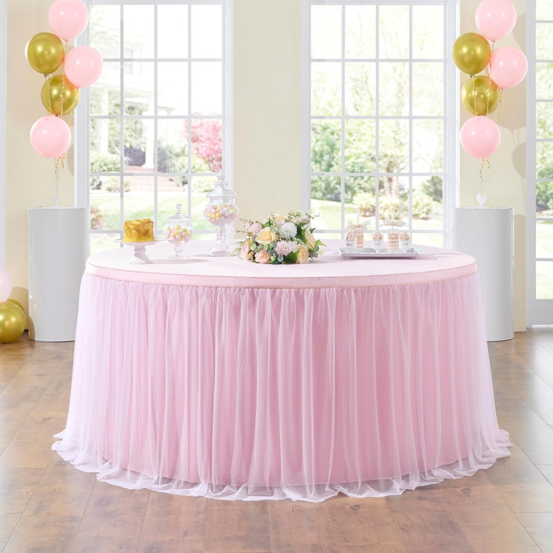 NSSONBEN 167in Baby Pink Tulle Table Skirts for Rectangle Tables 4ft 6ft 8ft, 2-Layer 14 ft Long Gold Grim Princess Pink Ruffle Tulle Tutu Table Skirt Cloth for Girl Birthday Baby Cake Dessert(No Table Cover) - Image 4